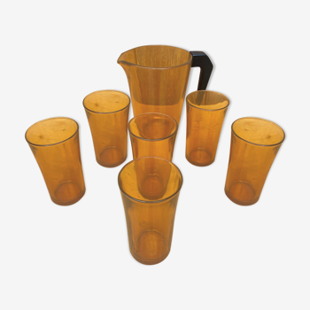 Pichet + 6 verres en verre trempé Vereco couleur marron ambré.