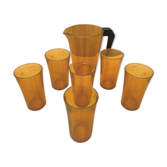 Pitcher + 6 glasses of tempered glass Vereco amber brown color.