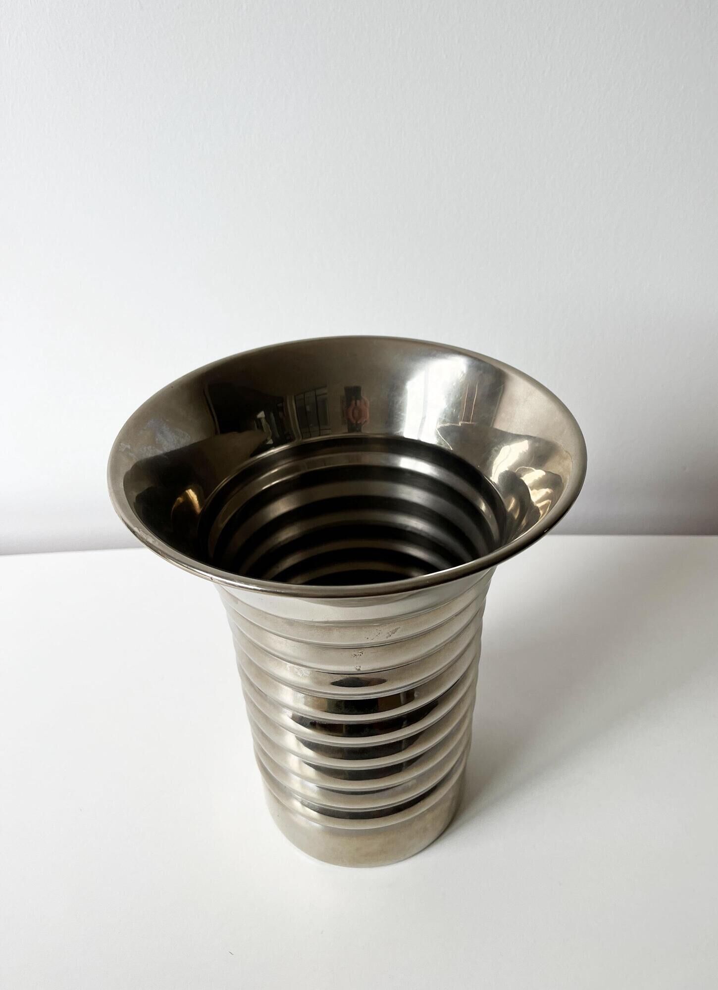 Vintage modernist striped polished aluminium vase