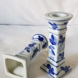 Set of 2 ceramic candle holders in white blue floral pattern