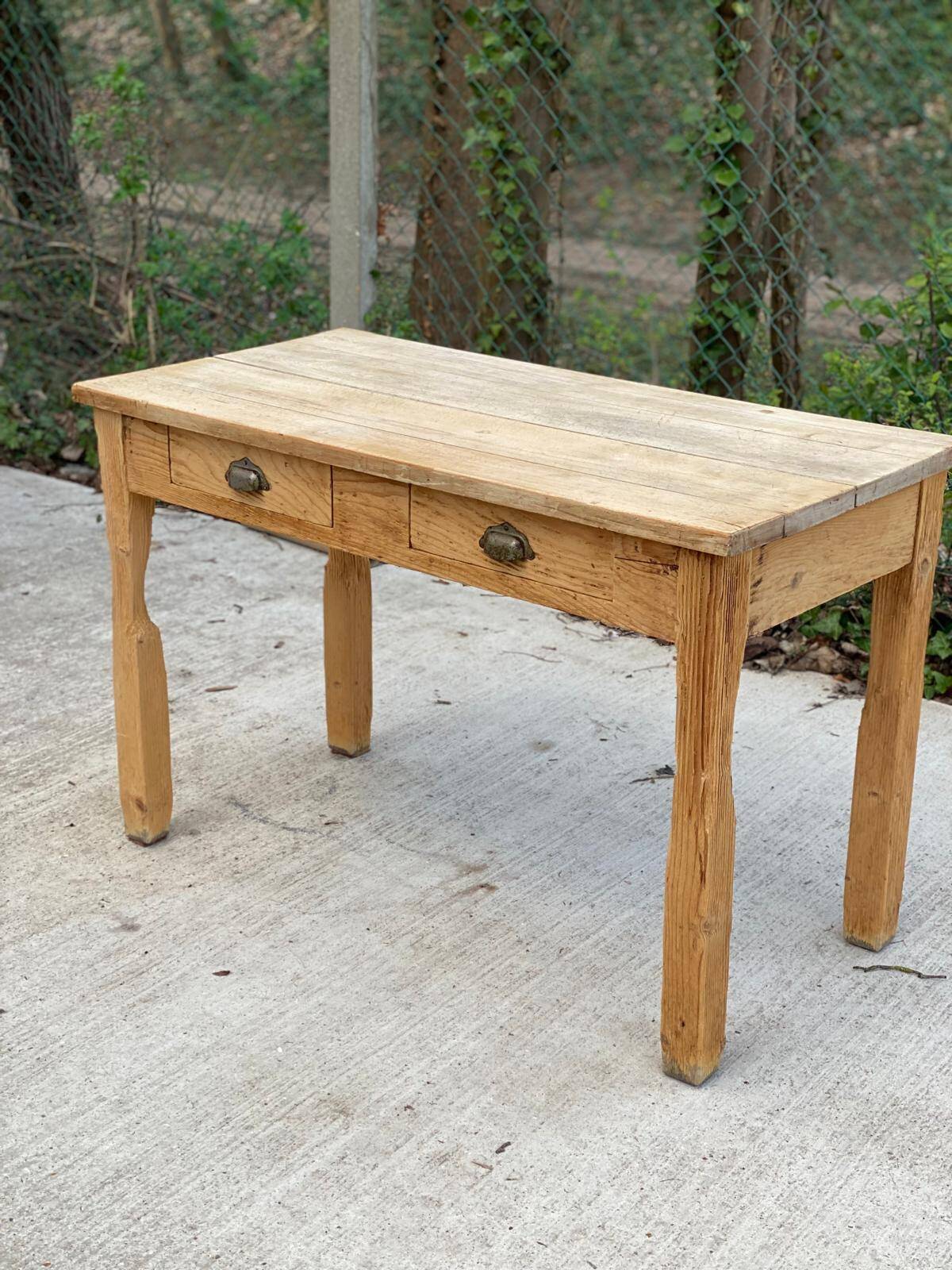 Renovated Parisian desk in raw solid wood with 2 drawers