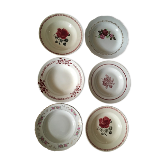 Old hollow plates mismatched ornate in red