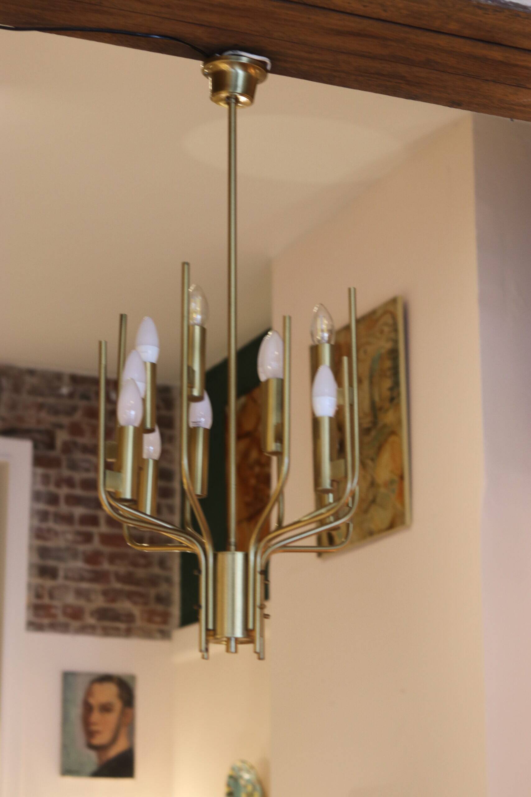 Italian chandelier Gaetano Scolari in brass, 1970.