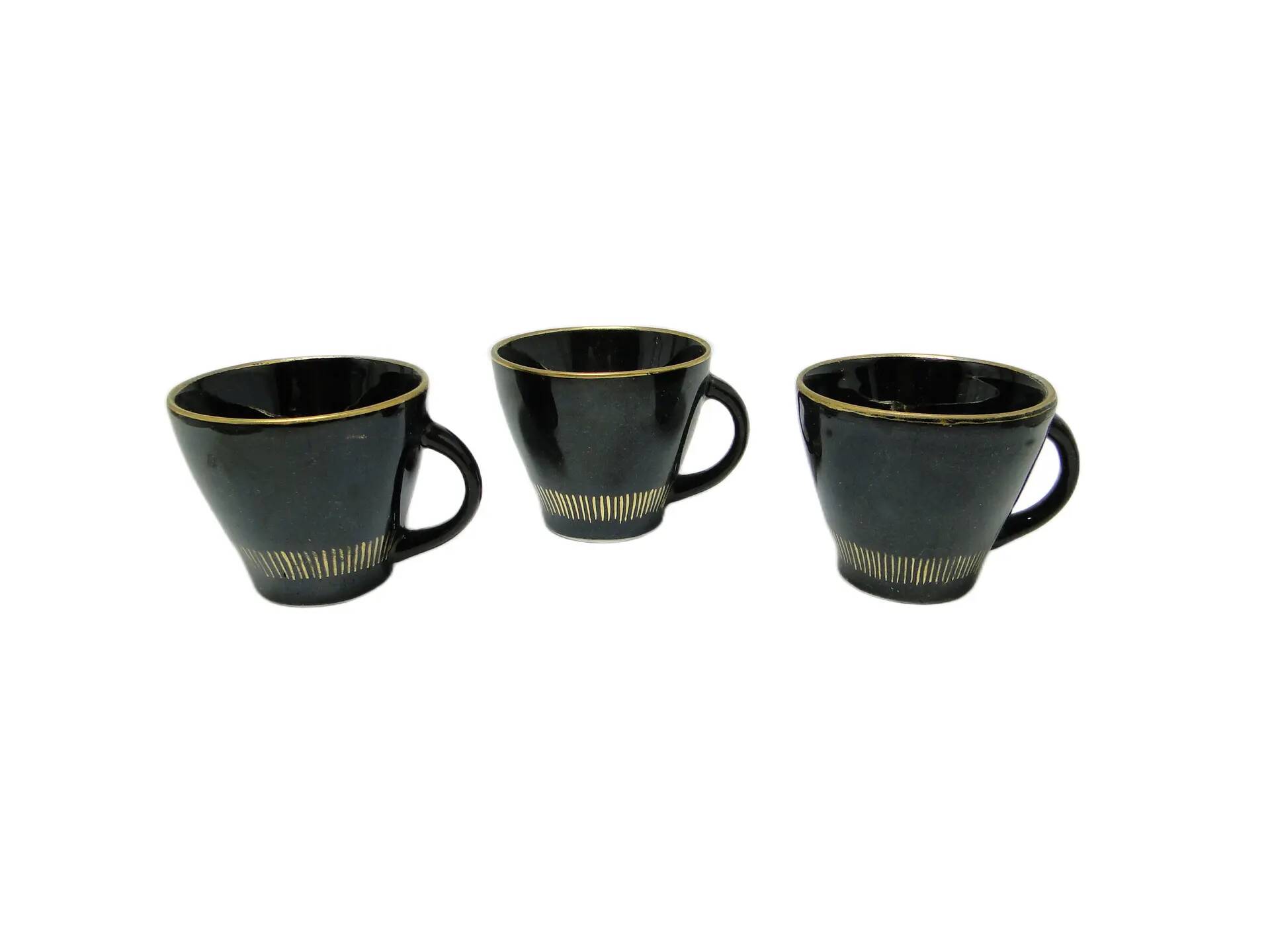 Set of three cups, mid-century modern, black ceramic, Poland, 1970s