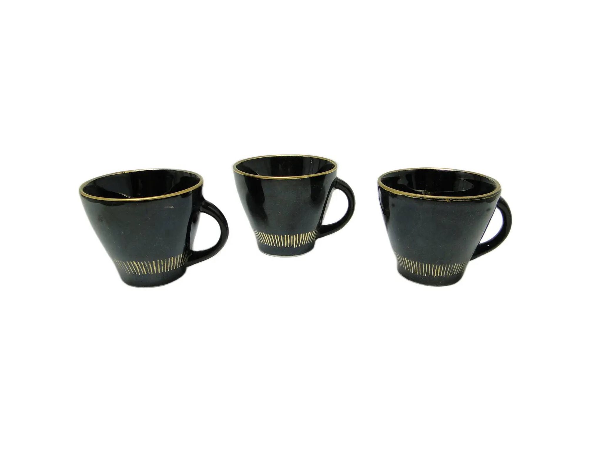 Set of three cups, mid-century modern, black ceramic, Poland, 1970s