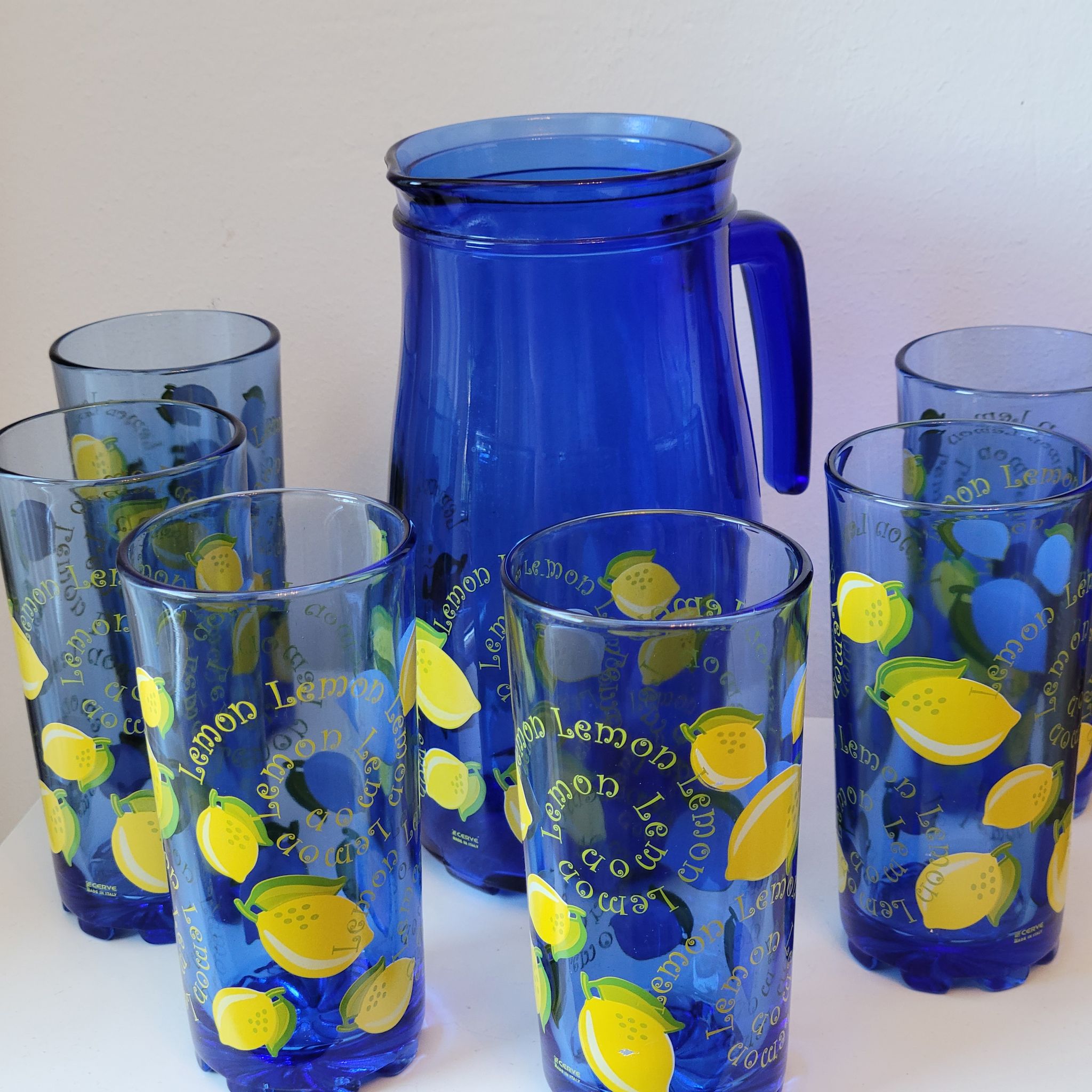 Service to orangeade citronnade in vintage blue glass carafe + 6 glasses
