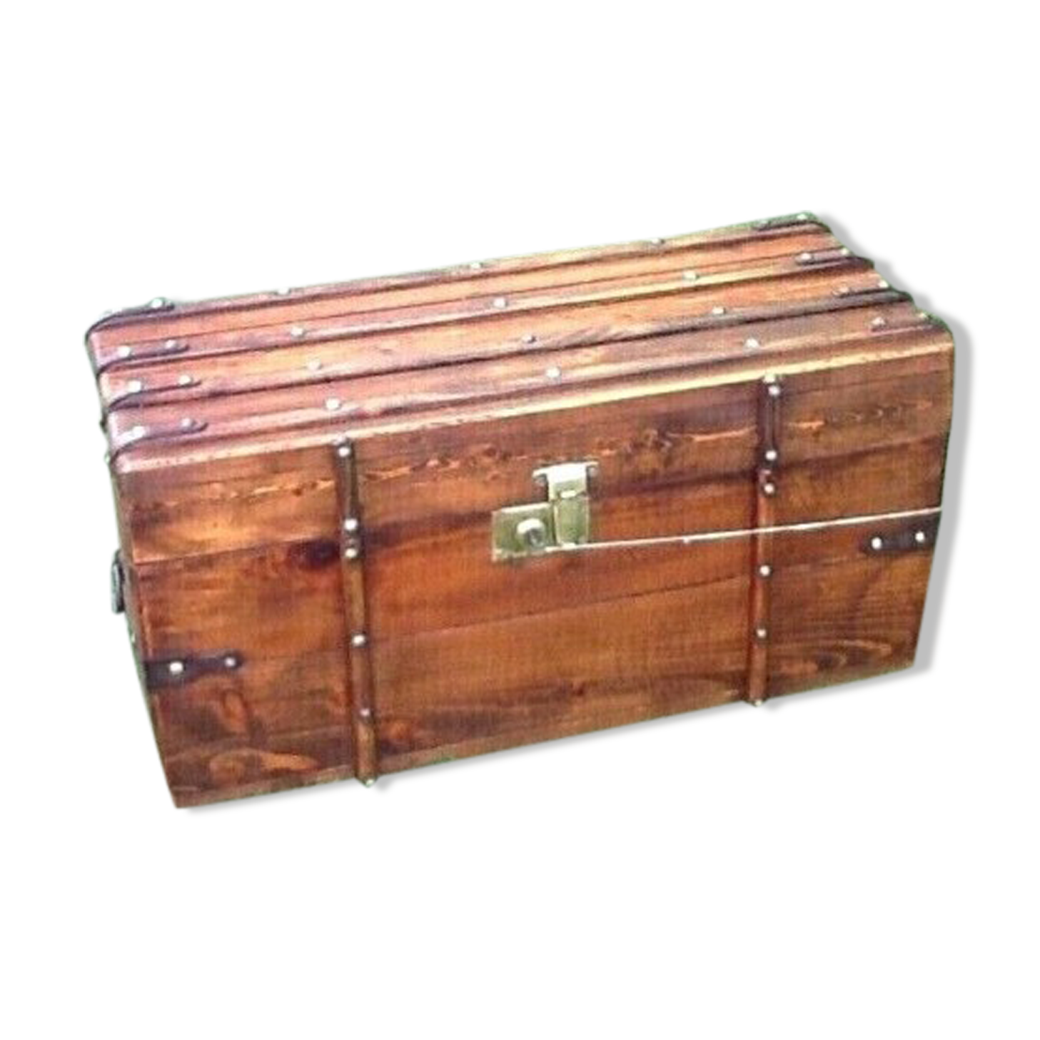 Antique travel chest Wood studded / wrapped in leather Brass lock with key (functional)