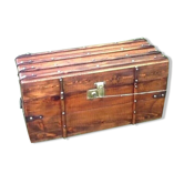 Antique travel chest Wood studded / wrapped in leather Brass lock with key (functional)