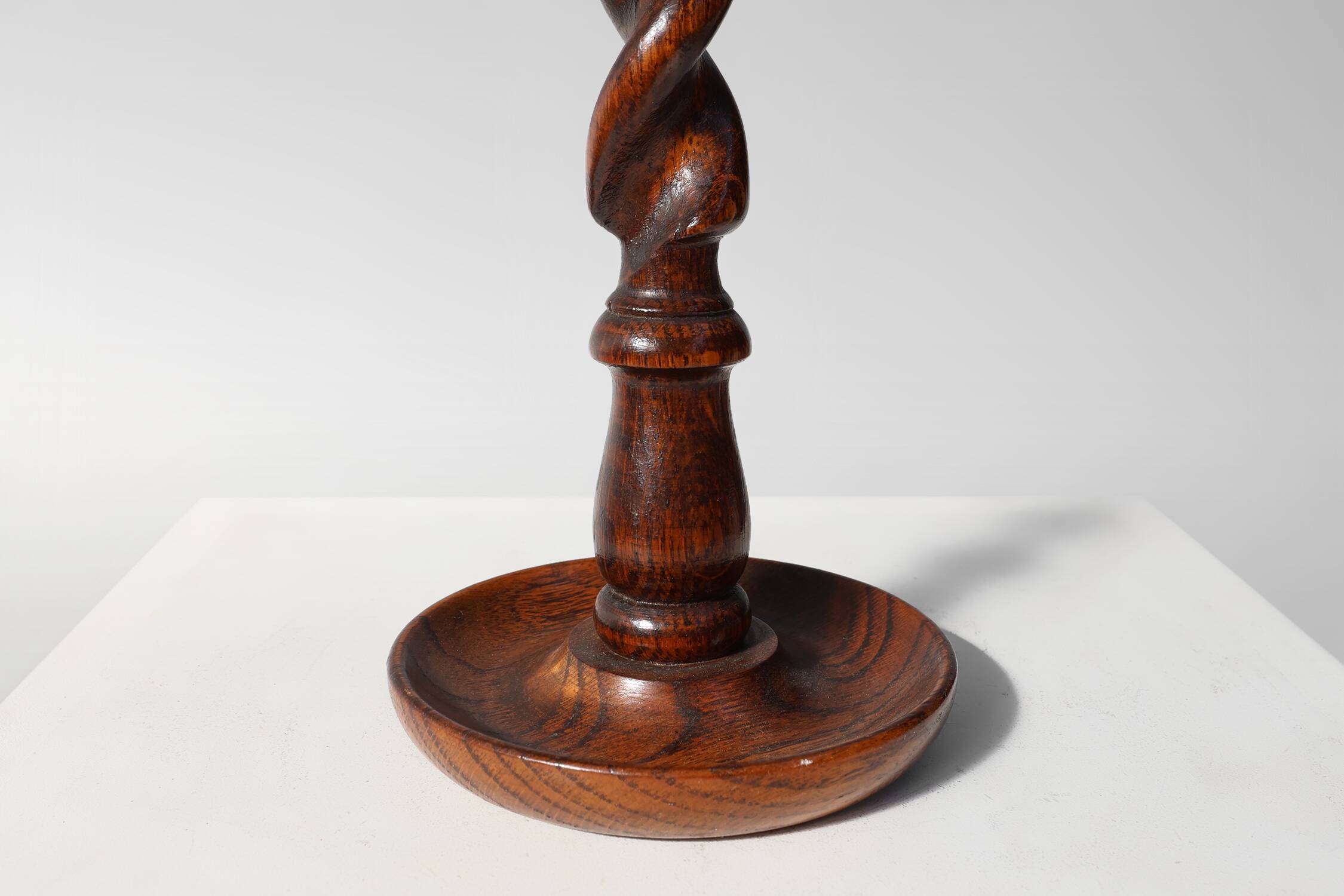 Pair of French Barley Twist candlesticks in wood with silver-plated bobeche