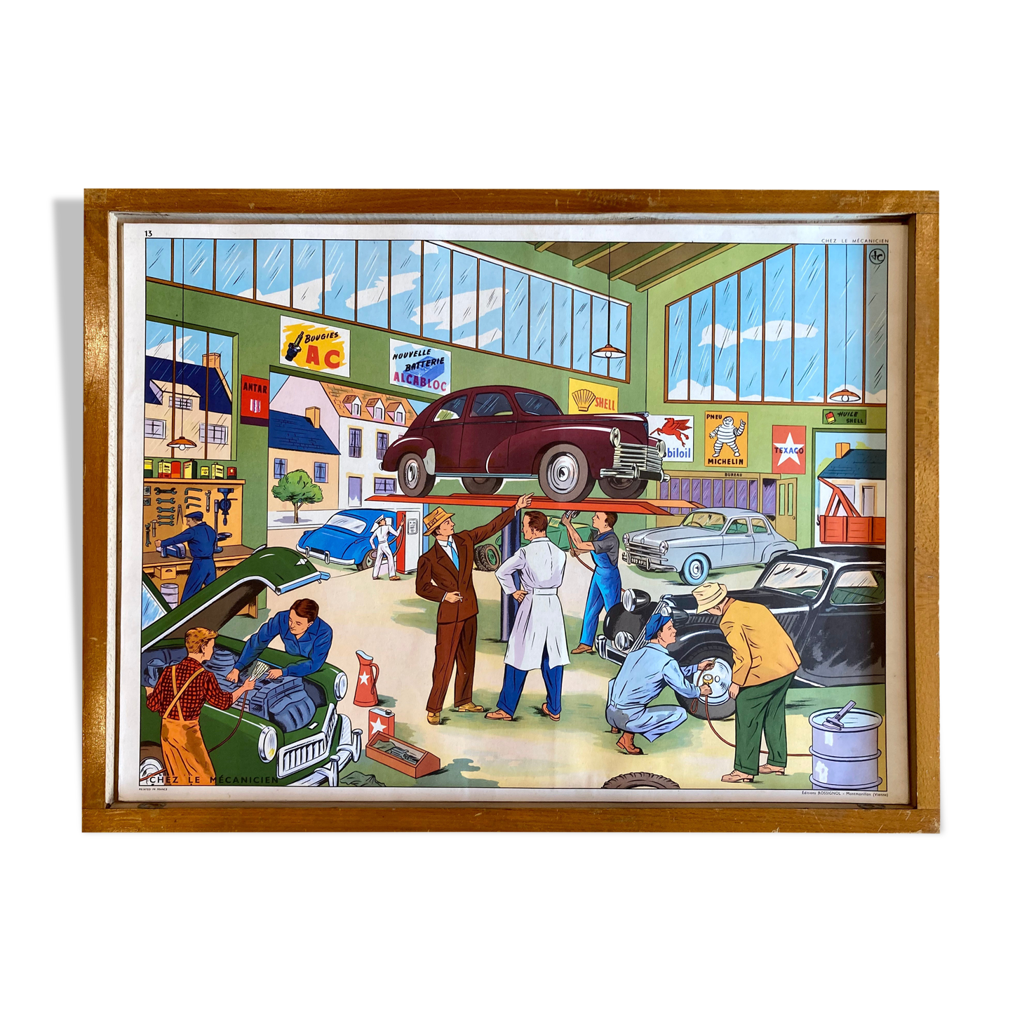 Educational poster Rossignol vintage 60s - at the mechanic and at the station