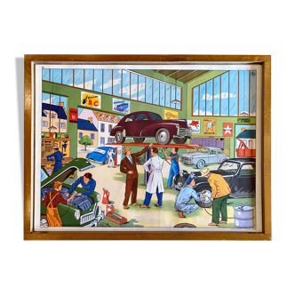 Educational poster Rossignol vintage 60s - at the mechanic and at the station
