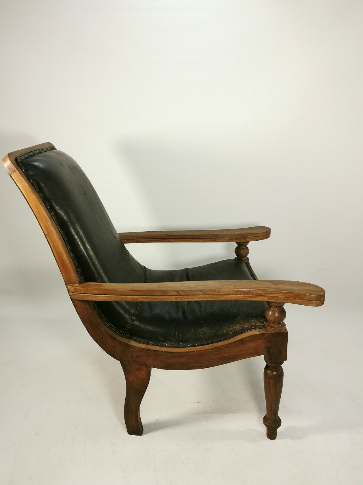 Antique 19th Century Restored British Colonial Plantation Chair Leather Seat