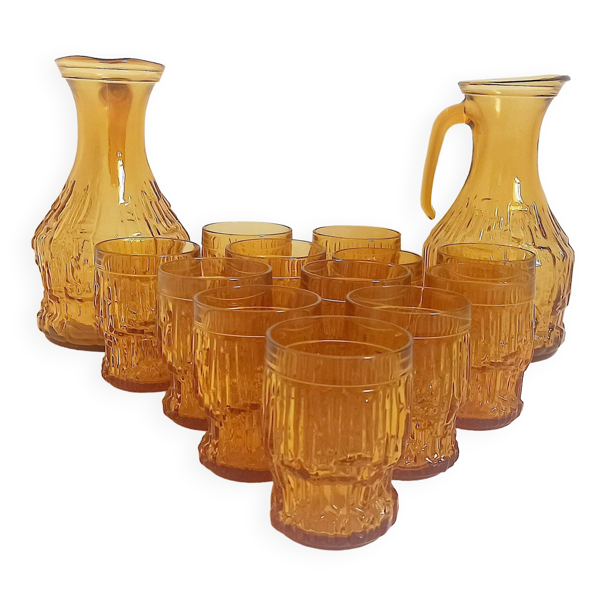 Orange juice set textured glass amber Empoli 2 decanters 12 glasses 70s