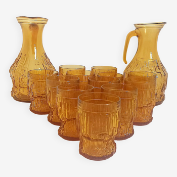 Orange juice set textured glass amber Empoli 2 decanters 12 glasses 70s