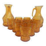 Orange juice set textured glass amber Empoli 2 decanters 12 glasses 70s