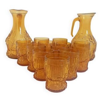 Orange juice set textured glass amber Empoli 2 decanters 12 glasses 70s