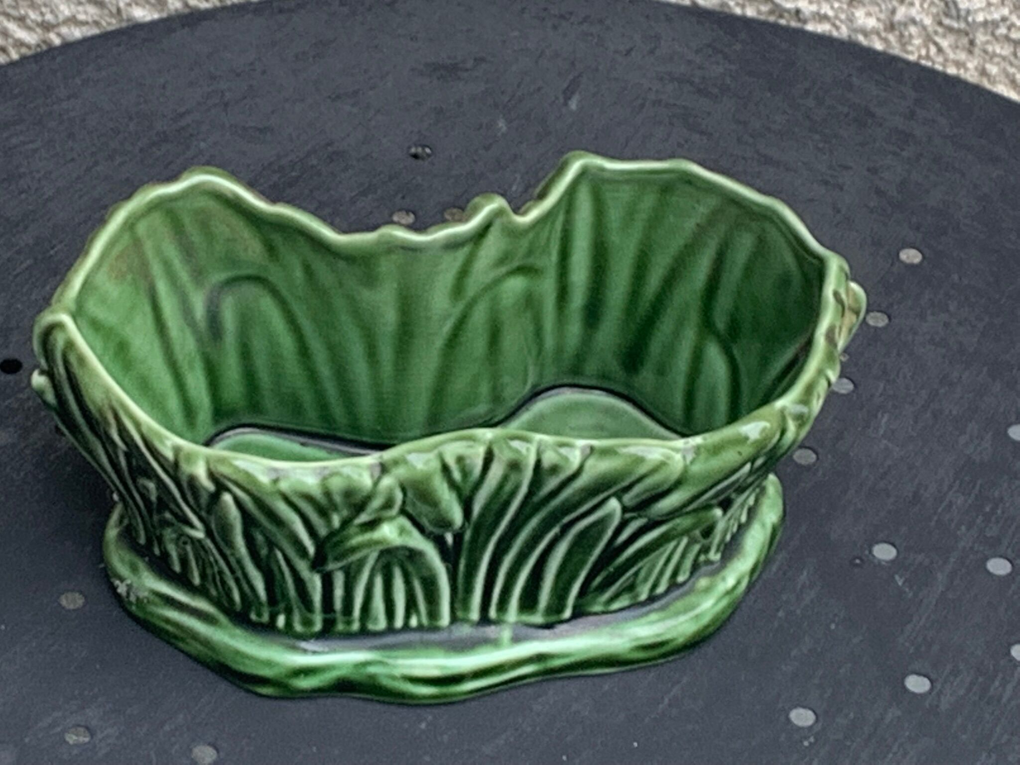 Pot cover in ceramic slurry glazed green pattern foliage and swan made in england numbered