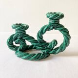 Two-armed candlestick in green glazed ceramic, braided effect