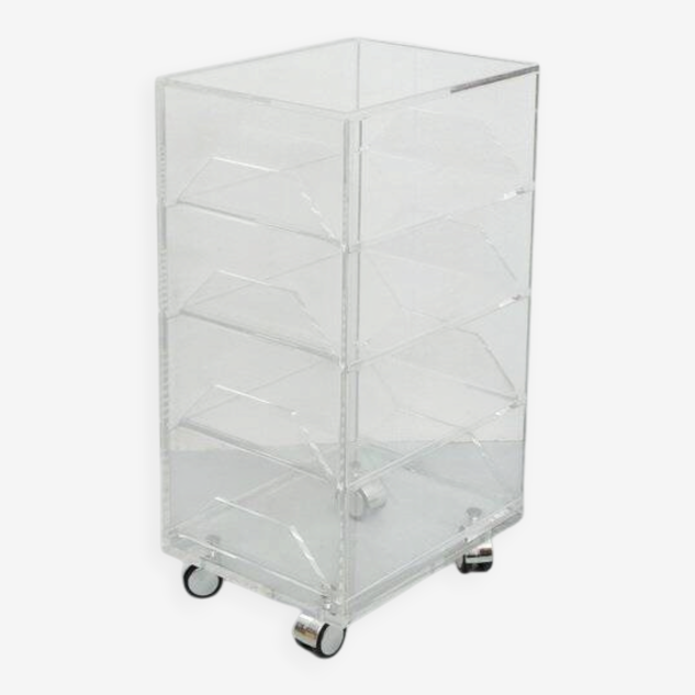 Acrylic rolling table with four drawers, Spage Age 1970s
