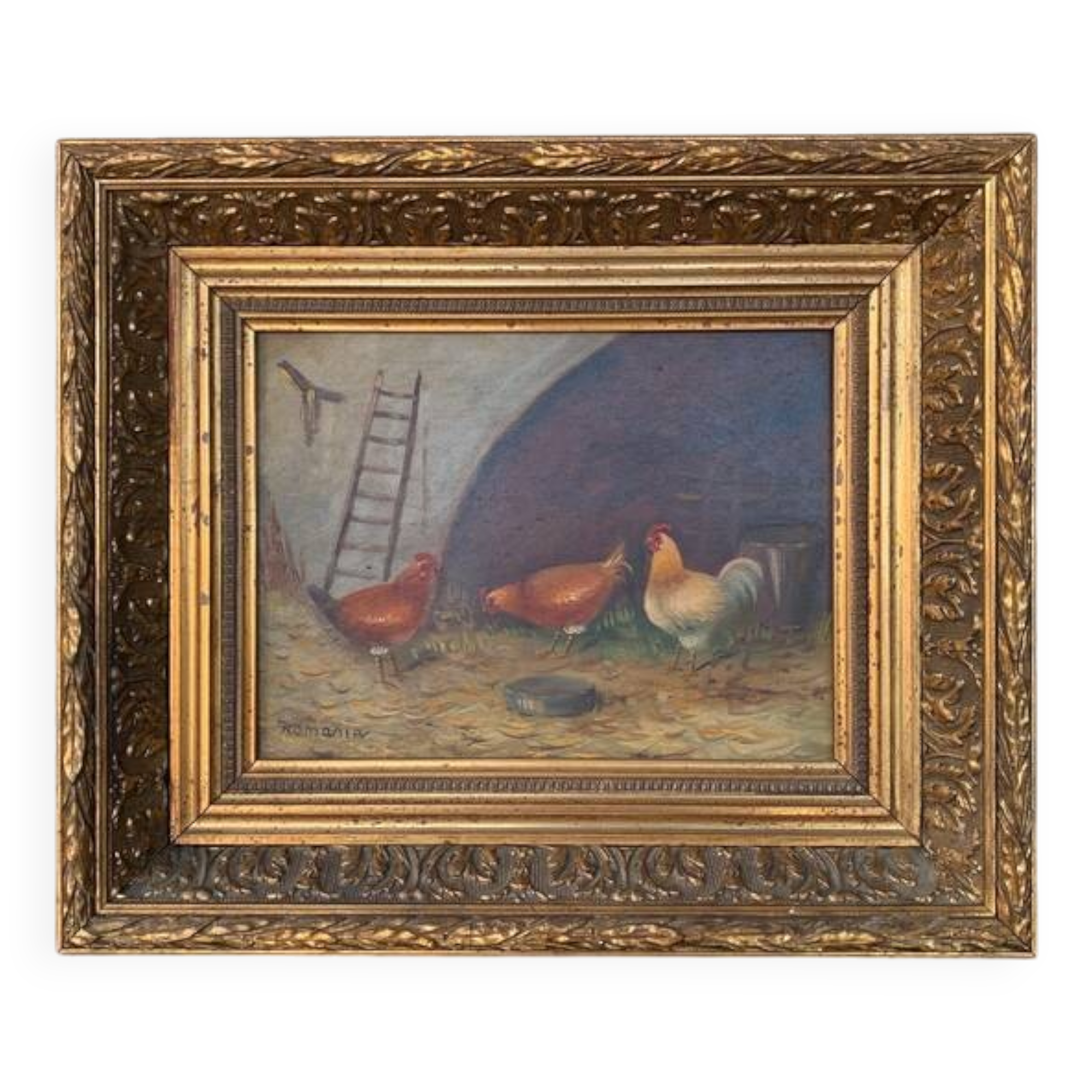 Framed painting of chickens in a chicken coop signed romania