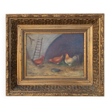 Tableau de poules dans un poulailler encadré signé romania