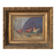 Framed painting of chickens in a chicken coop signed romania