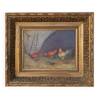 Framed painting of chickens in a chicken coop signed romania