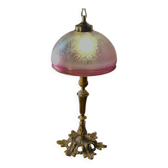 lampe bronze et  abat jour  verre teinté & gravé à l'acide / Art Nouveau , produit d epoque