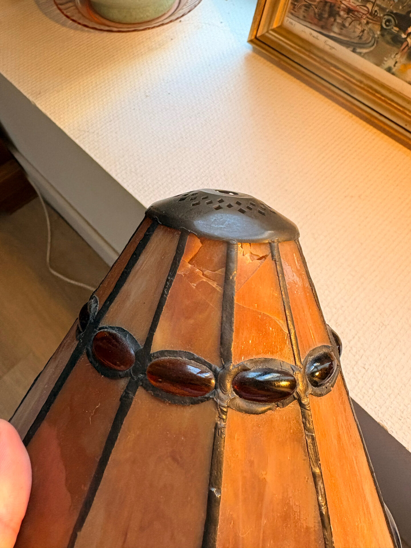 Tiffany Table Lamp Art Nouveau Stained Glass Amber Patinated Base