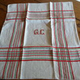 Nappe ancienne 1920/1930 lin beige losanges et rayures rouges et vertes + serviettes