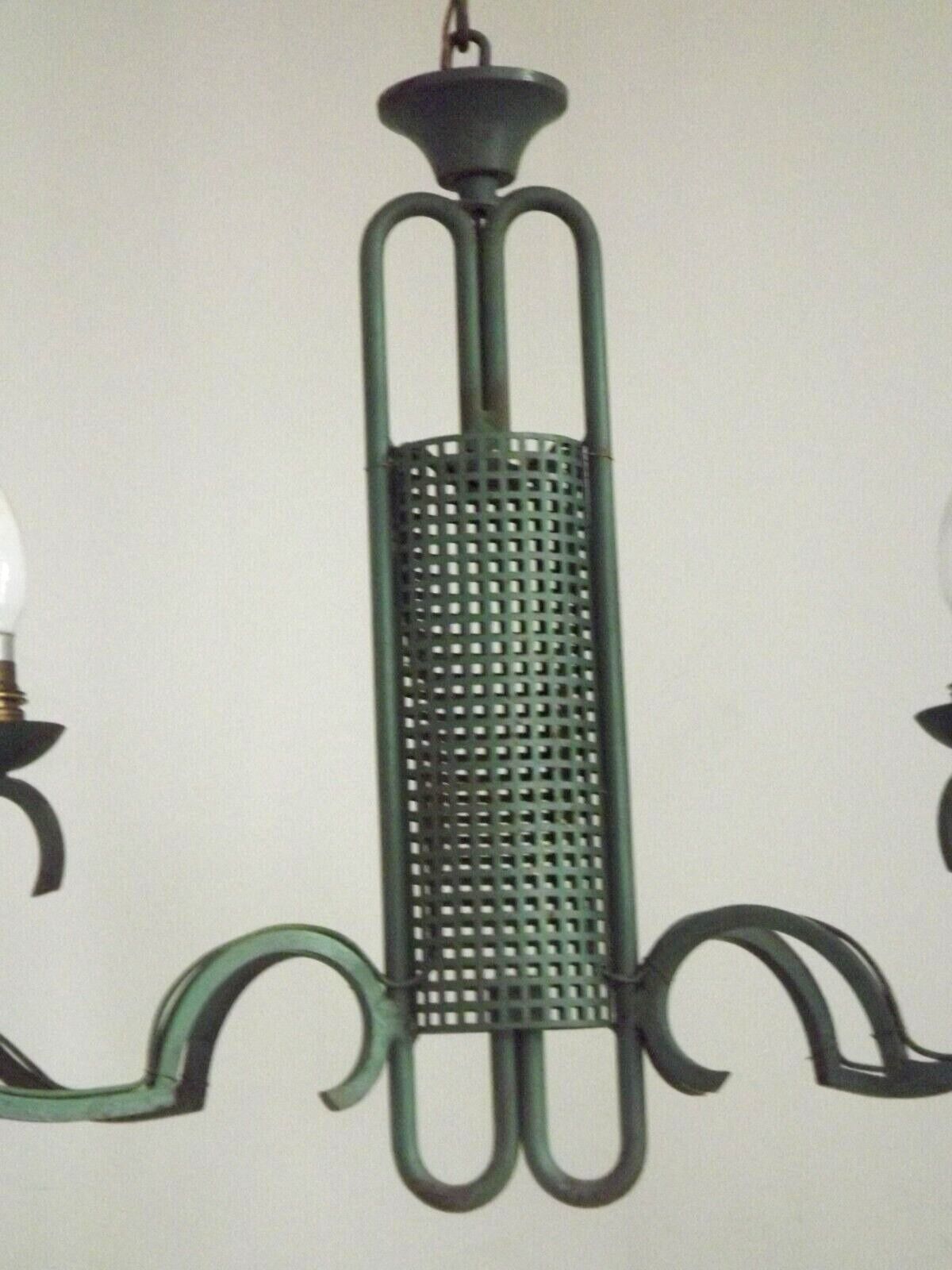 Green iron 4 light chandelier with scrolled arms
