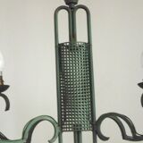 Green iron 4 light chandelier with scrolled arms