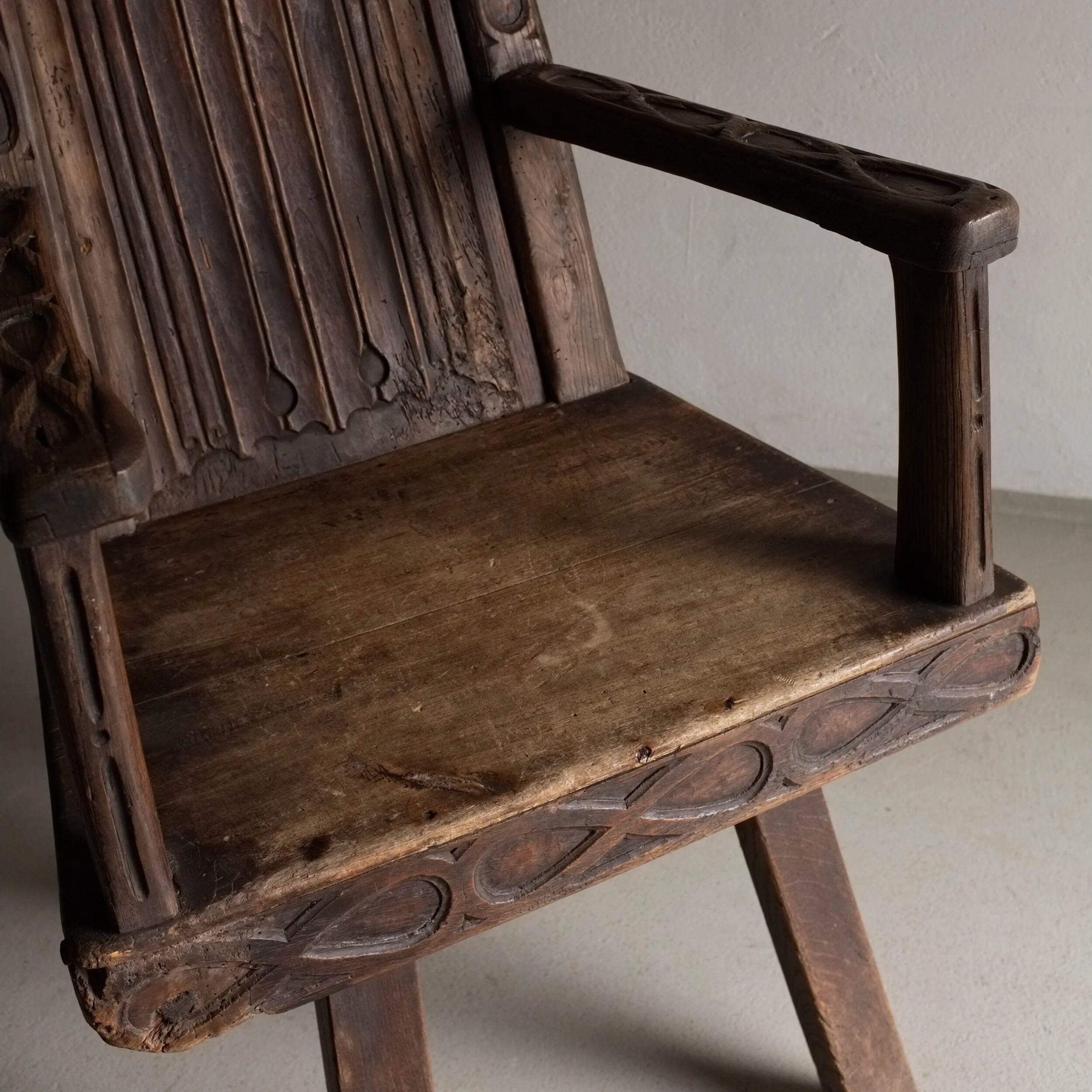 Antique primitive carved oak arm chair, Belgium