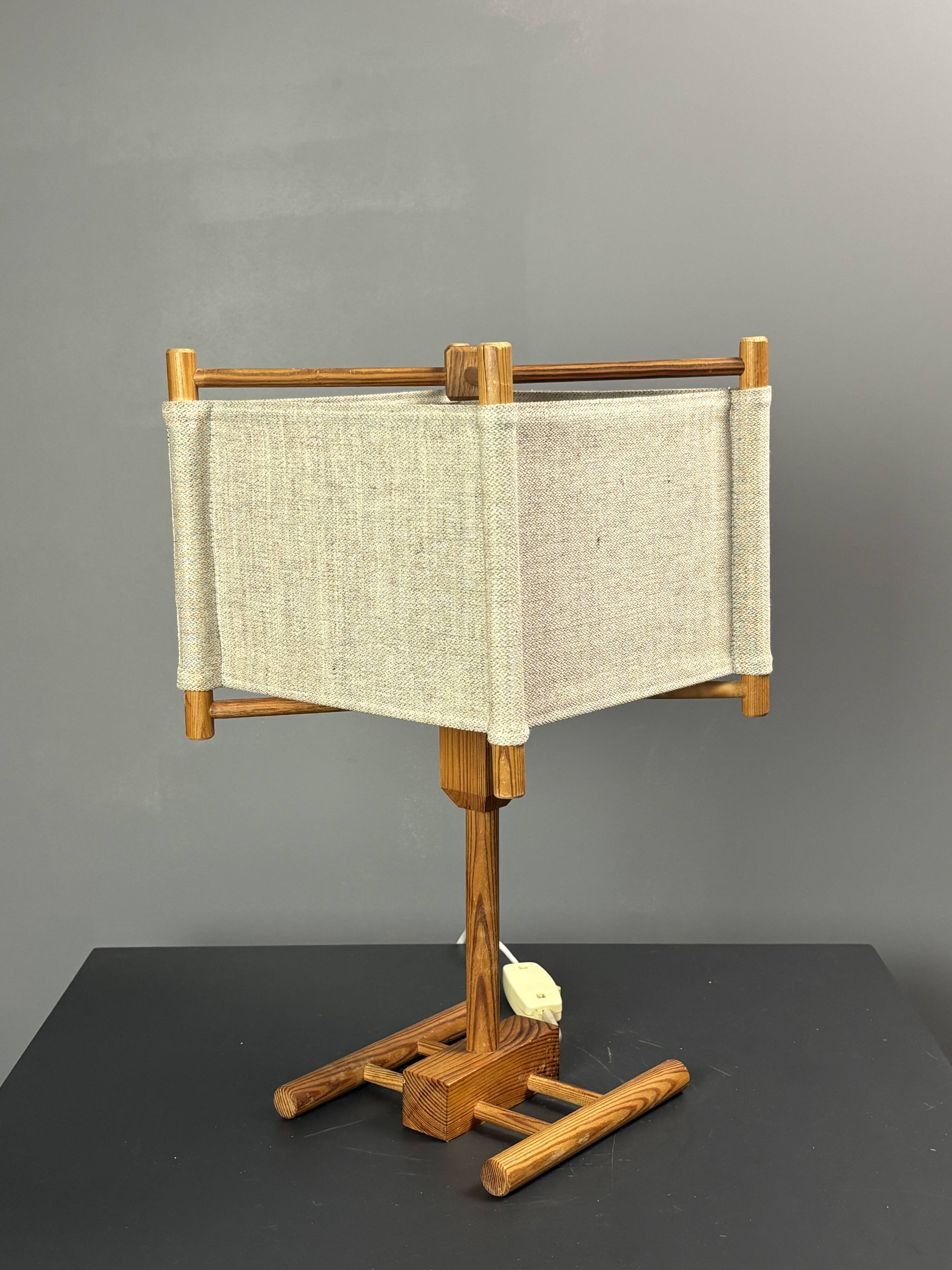 Midcentury Scandinavian pine table lamp with square fabric shade, 1970s