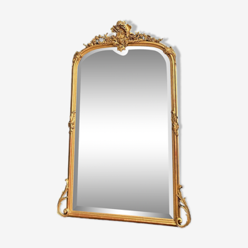 Miroir ancien à frontons 141cm/80cm doré à la feuille d’or, glace biseautée