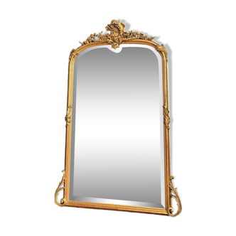 Miroir ancien à frontons 141cm/80cm doré à la feuille d’or, glace biseautée