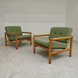 Pair of chalet style armchairs in green fabric