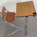 Vintage folding school desk with faux leather seat