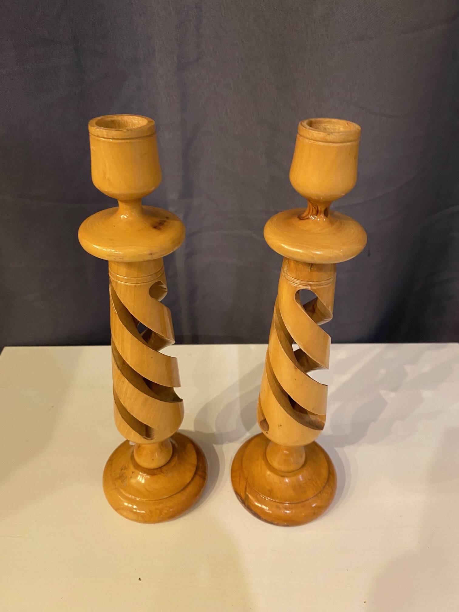 PAIR OF LEMON WOOD CANDLESTICKS CARVED INTO SPIRAL 1970s