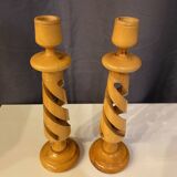 PAIR OF LEMON WOOD CANDLESTICKS CARVED INTO SPIRAL 1970s