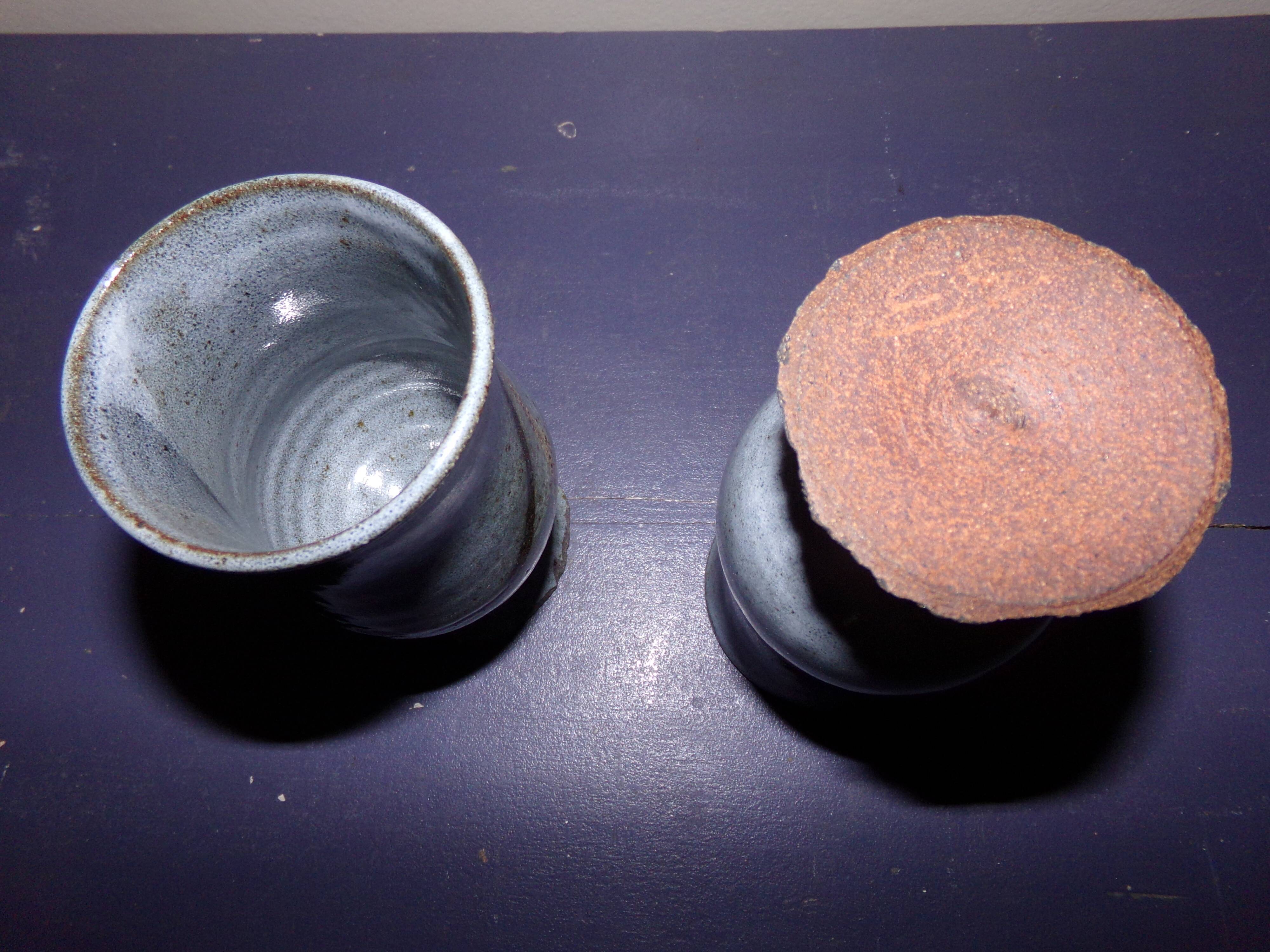 2 stoneware blue glasses