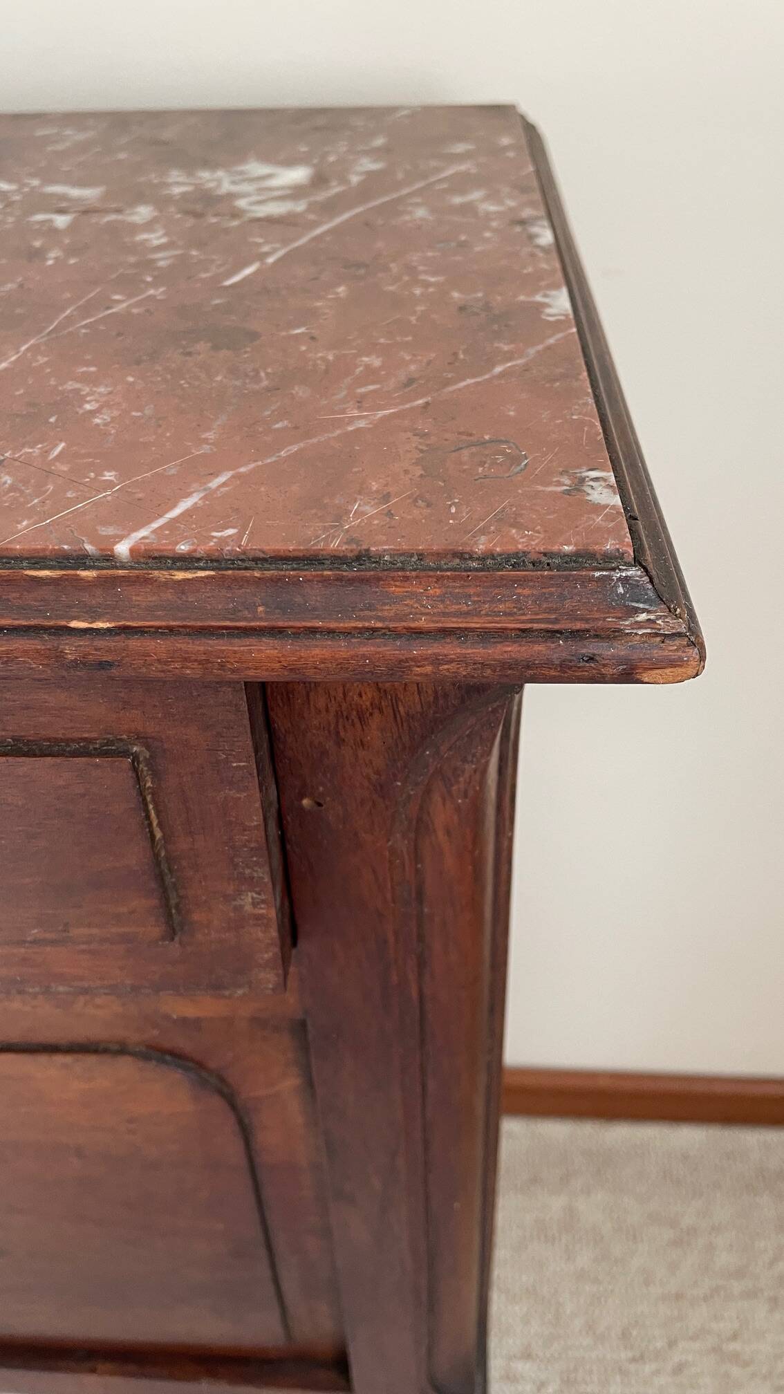 Antique bedside table in wood and marble