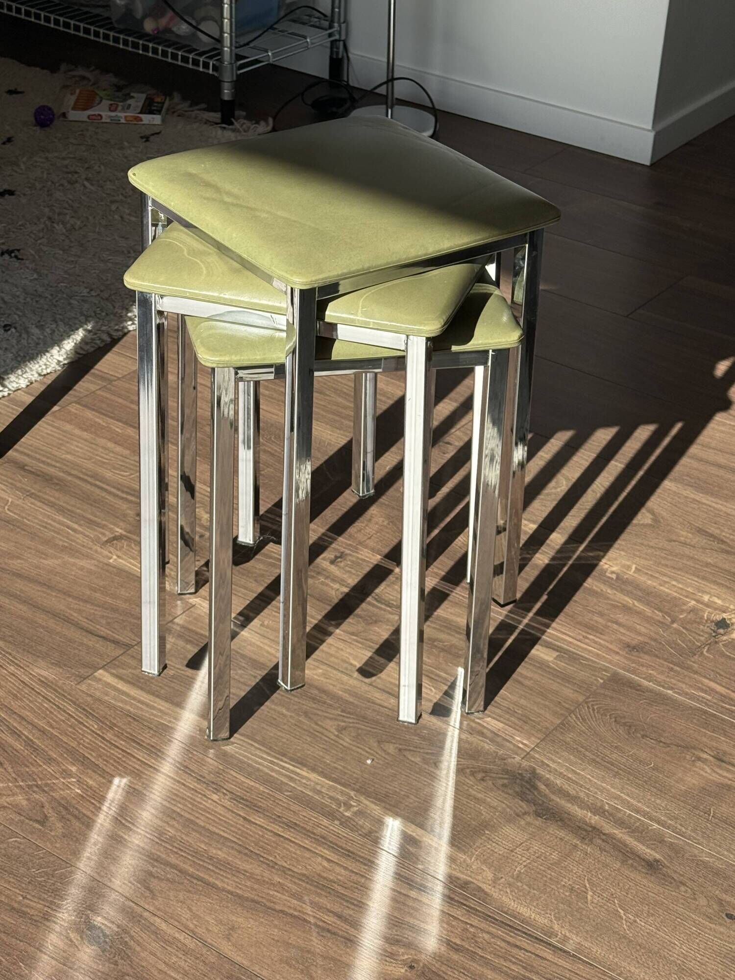Set of 3 Vintage Stools - Chrome and Olive Green Seat
