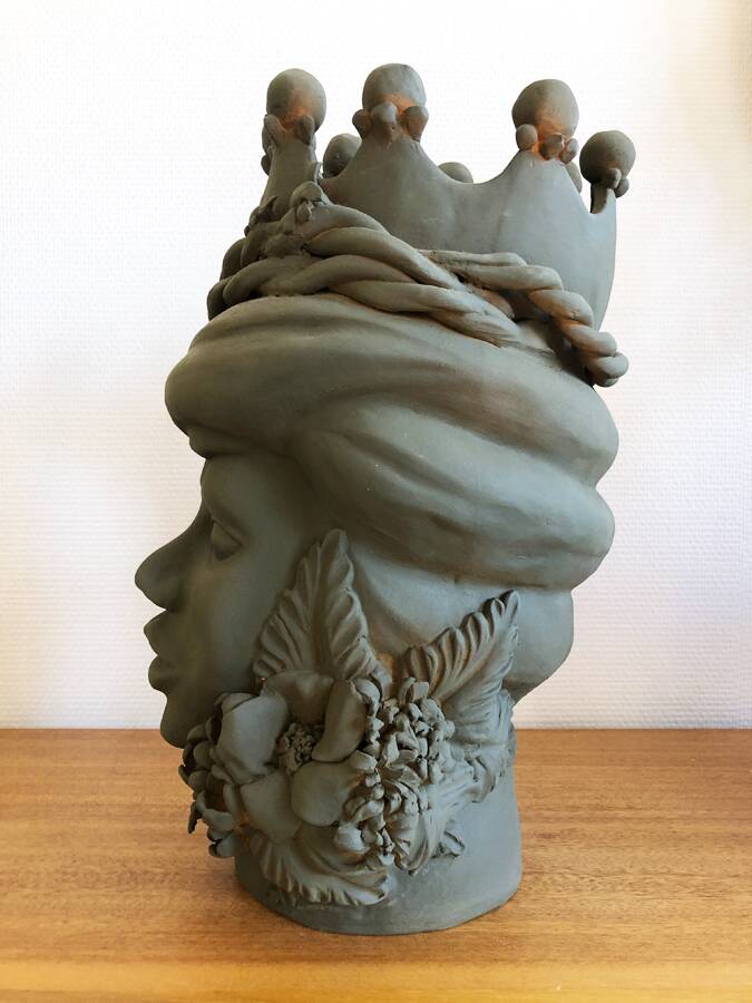 Large crowned ceramic head by Stefania Boemi – Sicily, 44 cm