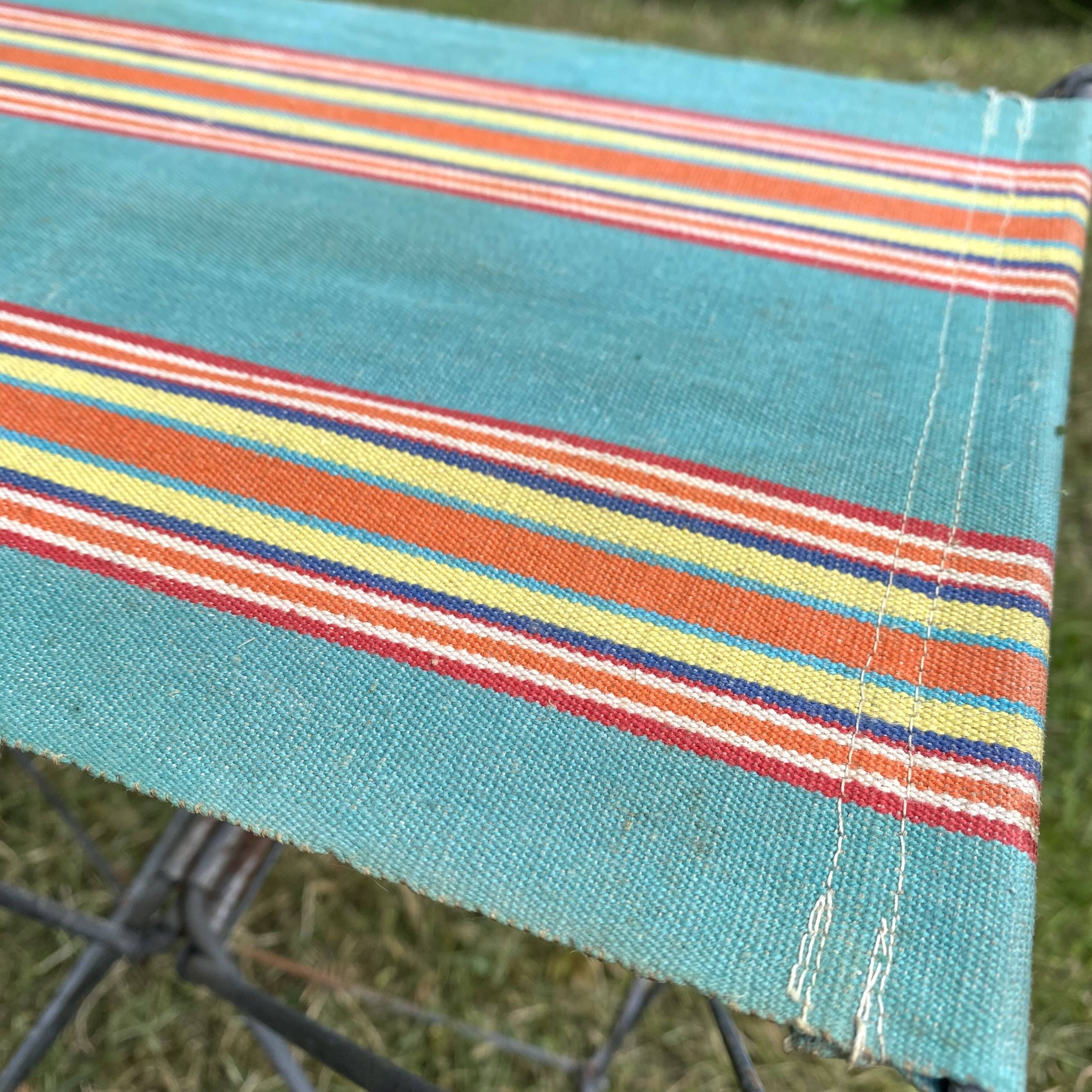 Vintage camping folding stool, striped canvas