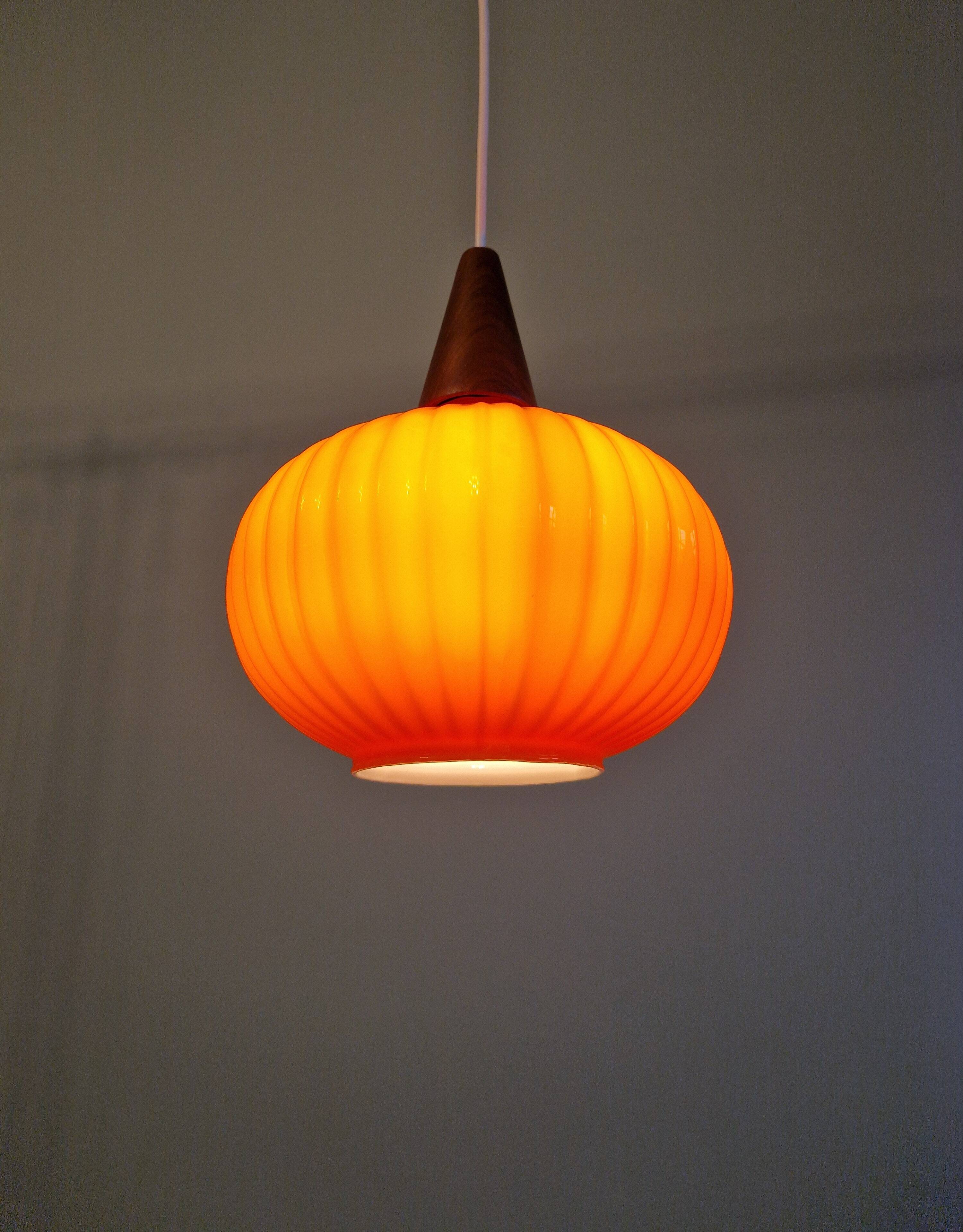Teak and orange opaline suspension, Scandinavian style, 1960.