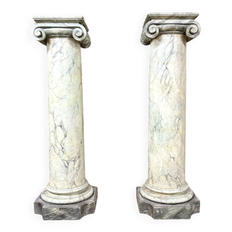 Pair Of Columns Or Pedestals In Polychrome Imitation Marble Wood, With Ionic Capital
