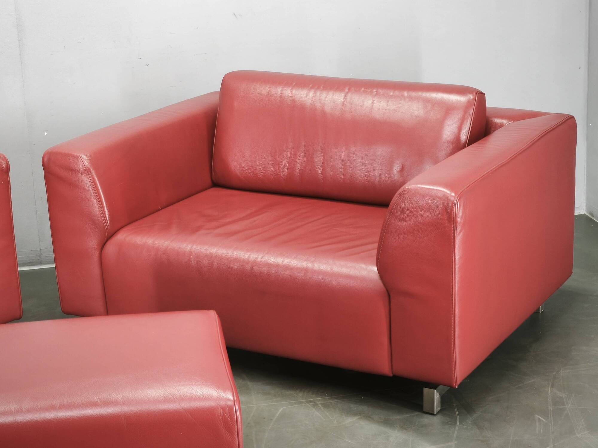 Wittmann Oversized Red Leather Lounge Armchairs and Ottoman, Austria