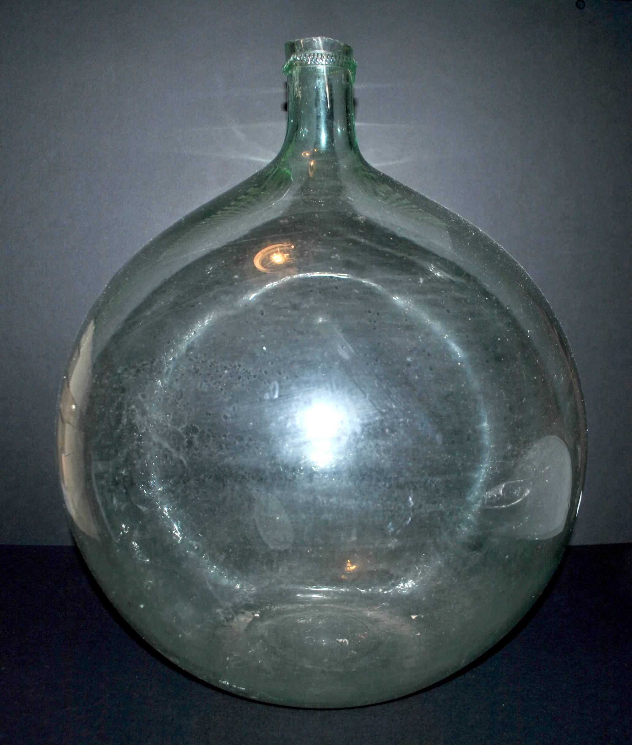 Large vintage light green glass demijohn bottle 20L H42cm