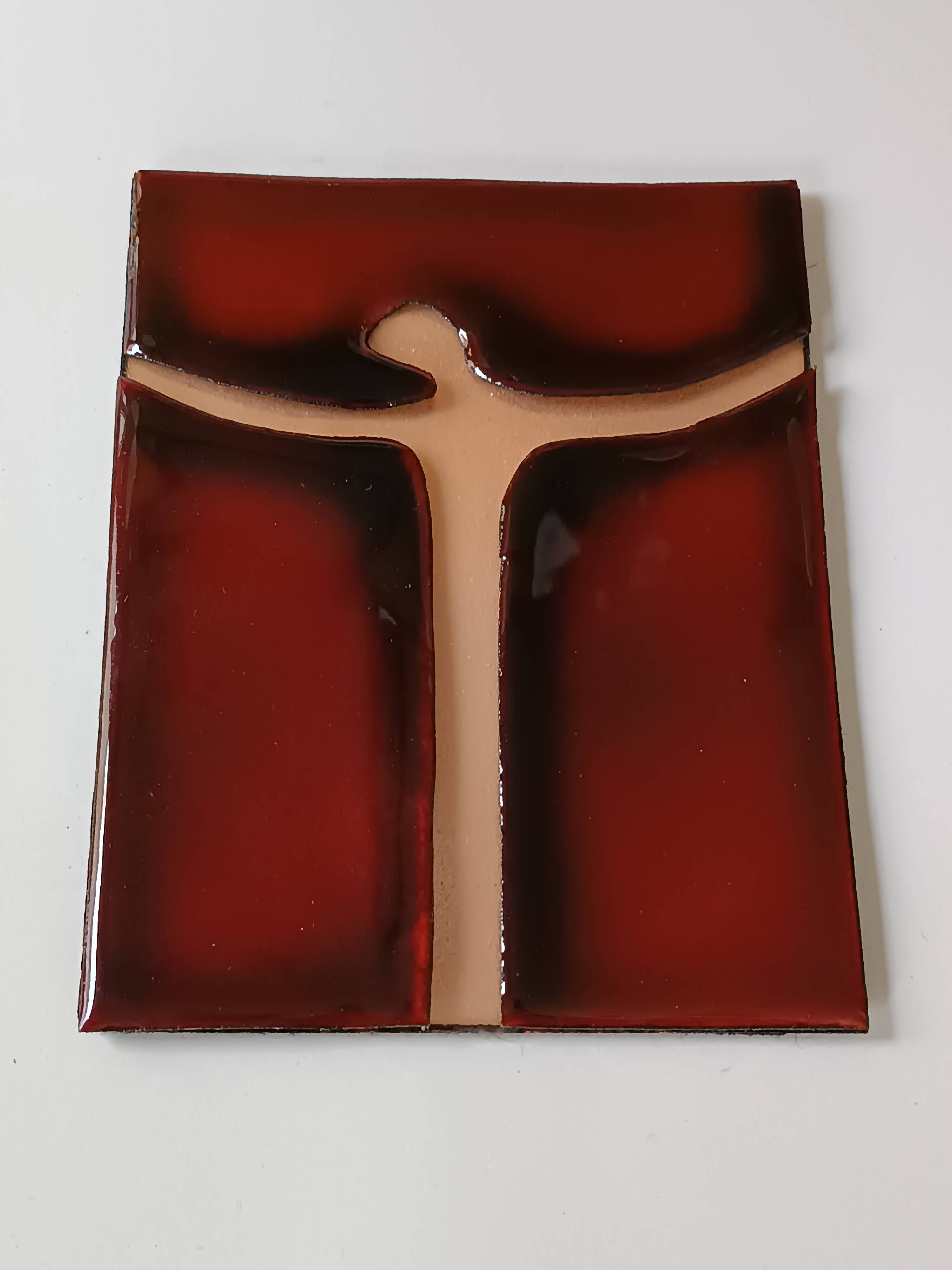 Vintage red and gold enamel wall cross on copper, Atelier Chehab